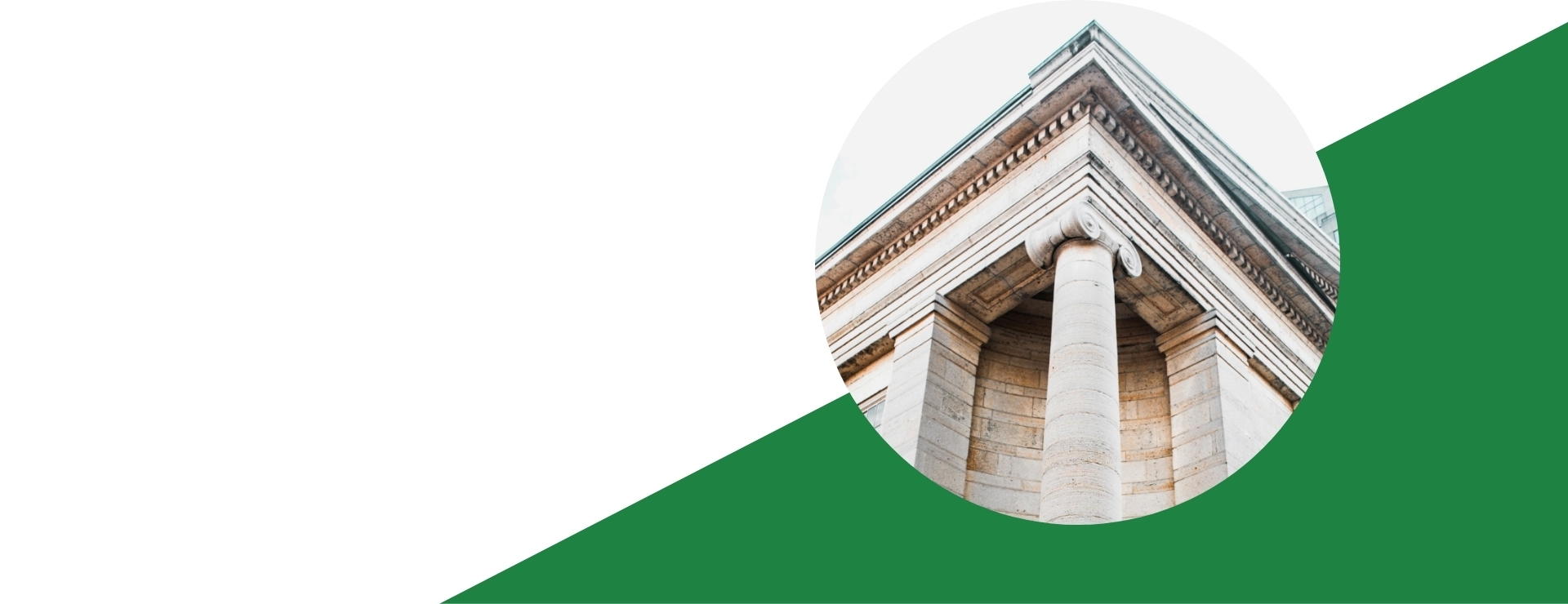 Close-up of a classical stone building with a column and detailed cornice, framed in a circular cutout over a white and green geometric background
